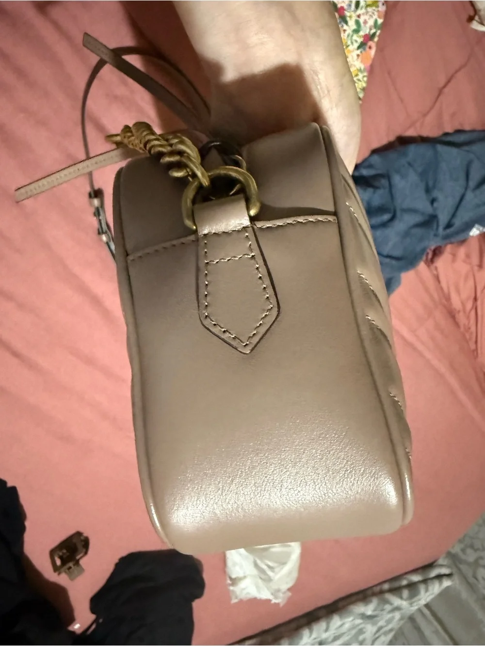 Gucci Taupe Chevron Leather Crossbody with Gold Double G